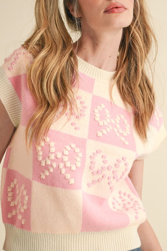 Pink Preppy Bow Detail Checkered Sweater Vest Pink 42%Acrylic+30%Polyester+28%Polyamide