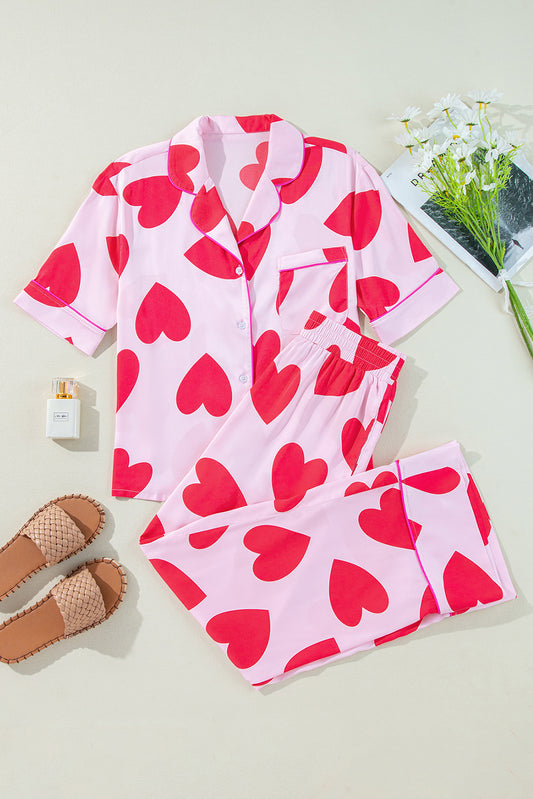 Pink Classic Heart Valentines Short Sleeve Pants Pajamas Set Pink 97%Polyester+3%Elastane