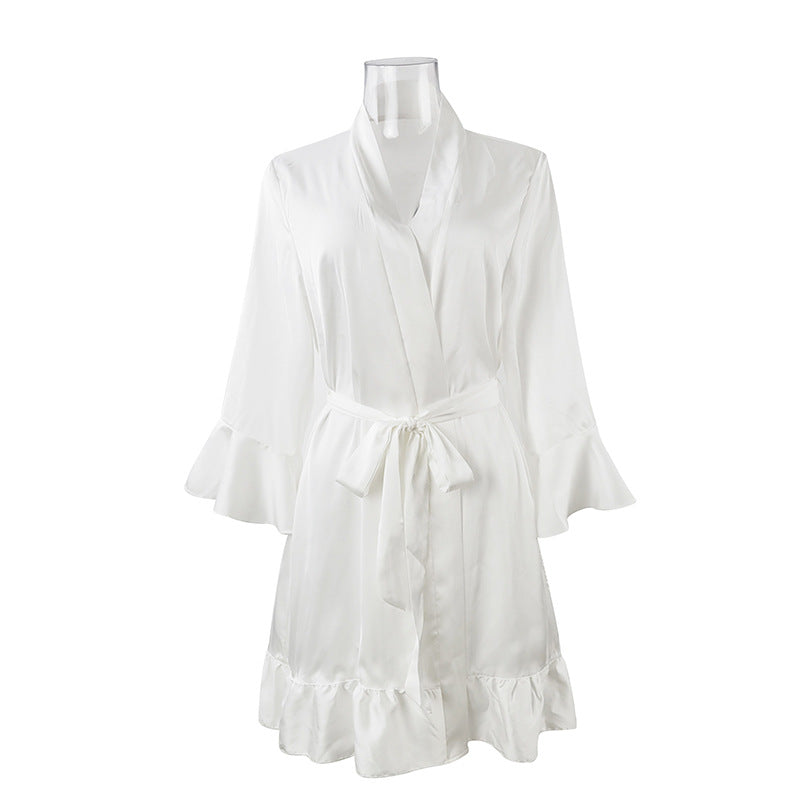 Sexy Pajamas Sexy Artificial Silk Lotus Leaf Cuff Cardigan Outerwear Gown Nightgown White