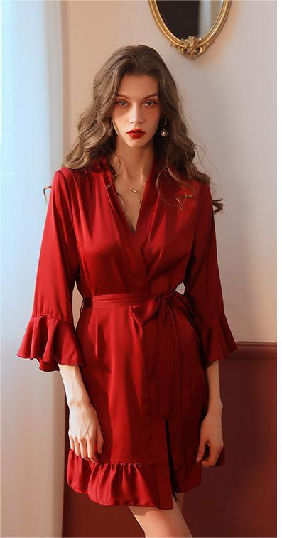 Sexy Pajamas Sexy Artificial Silk Lotus Leaf Cuff Cardigan Outerwear Gown Nightgown Burgundy