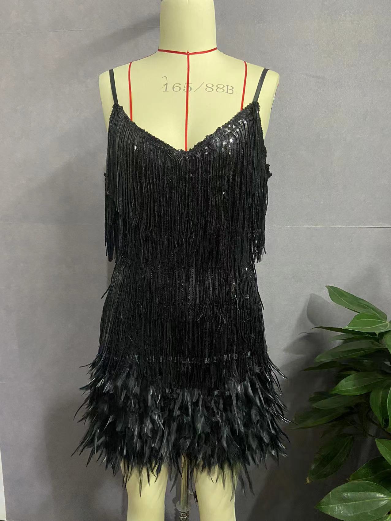 Tassel Sequ Feather Stitching Dress Black