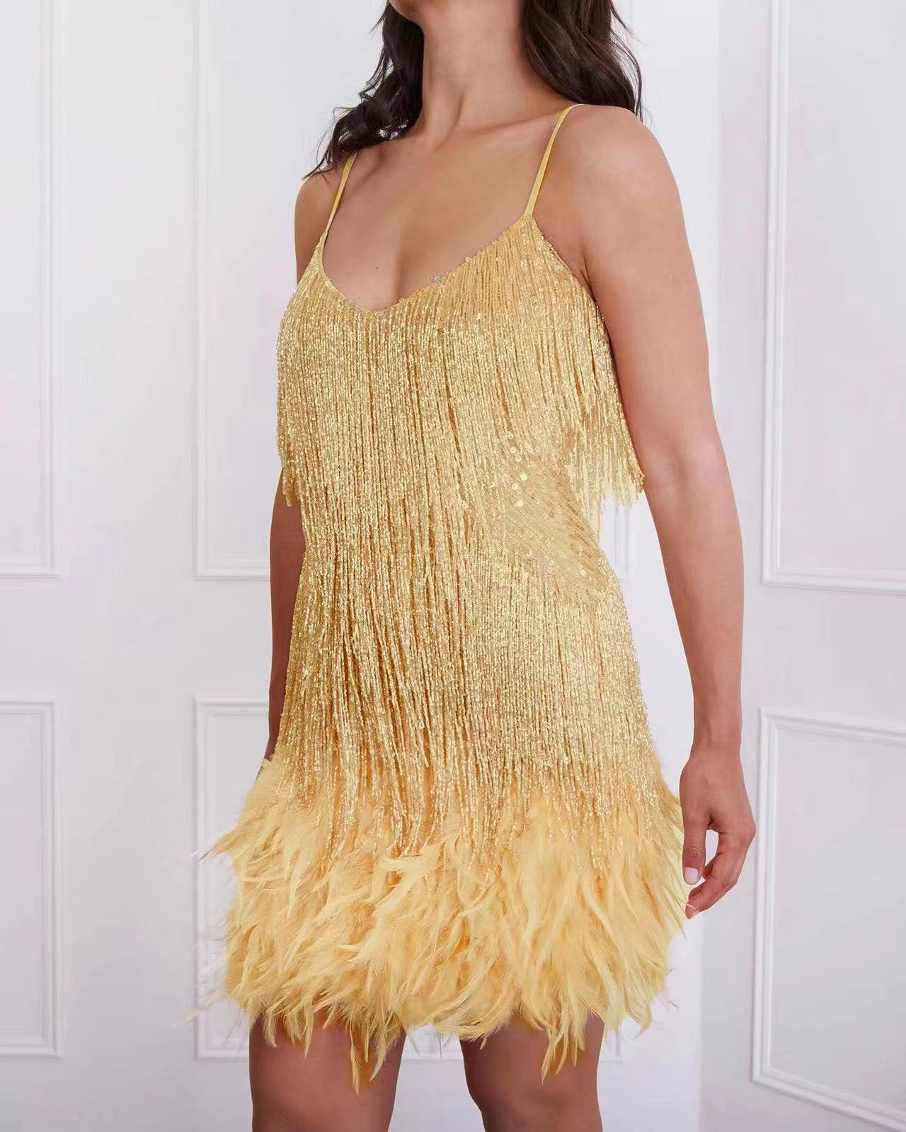 Tassel Sequ Feather Stitching Dress Gold