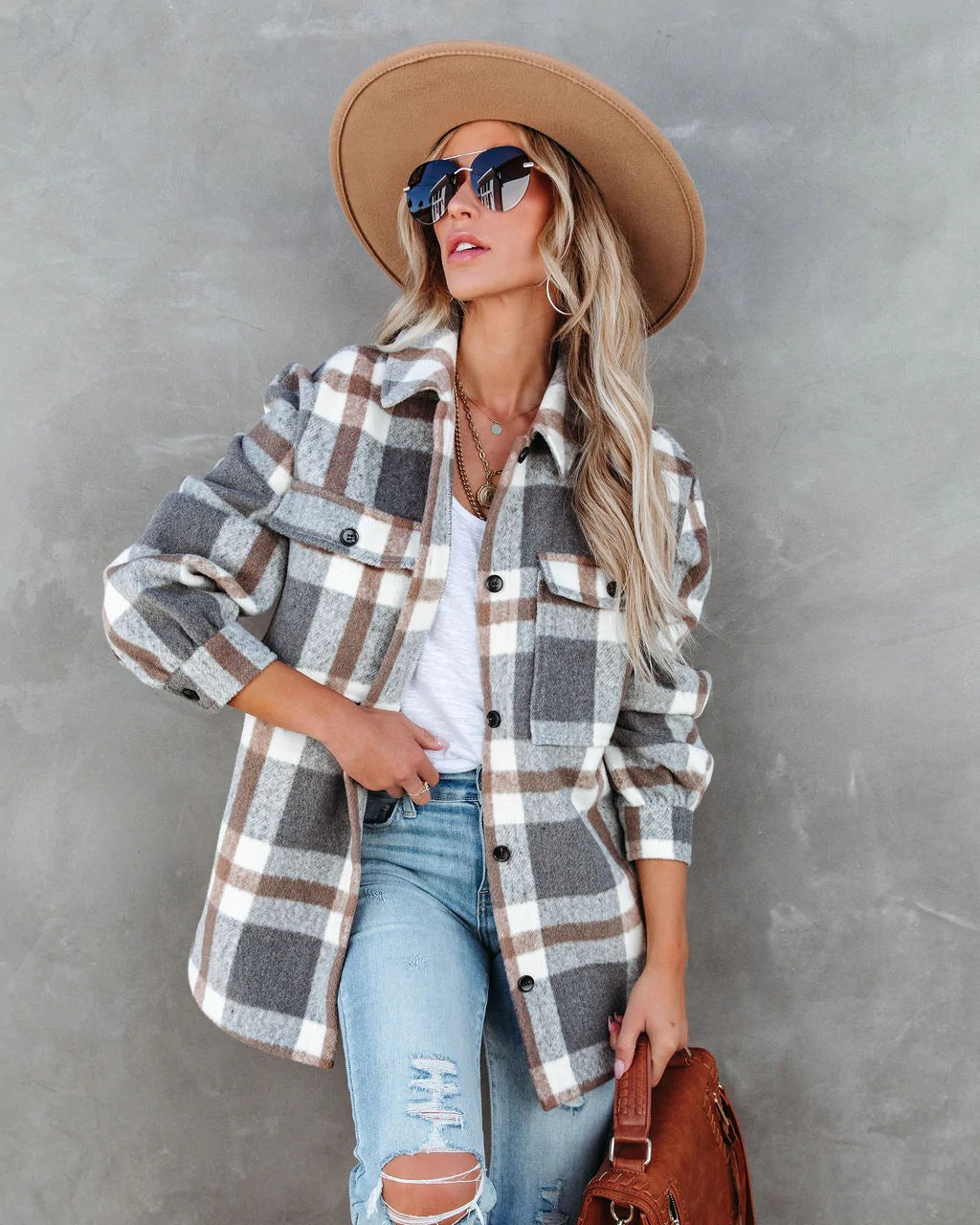 Casual Autumn Winter Plaid Brushed Collared Jacket