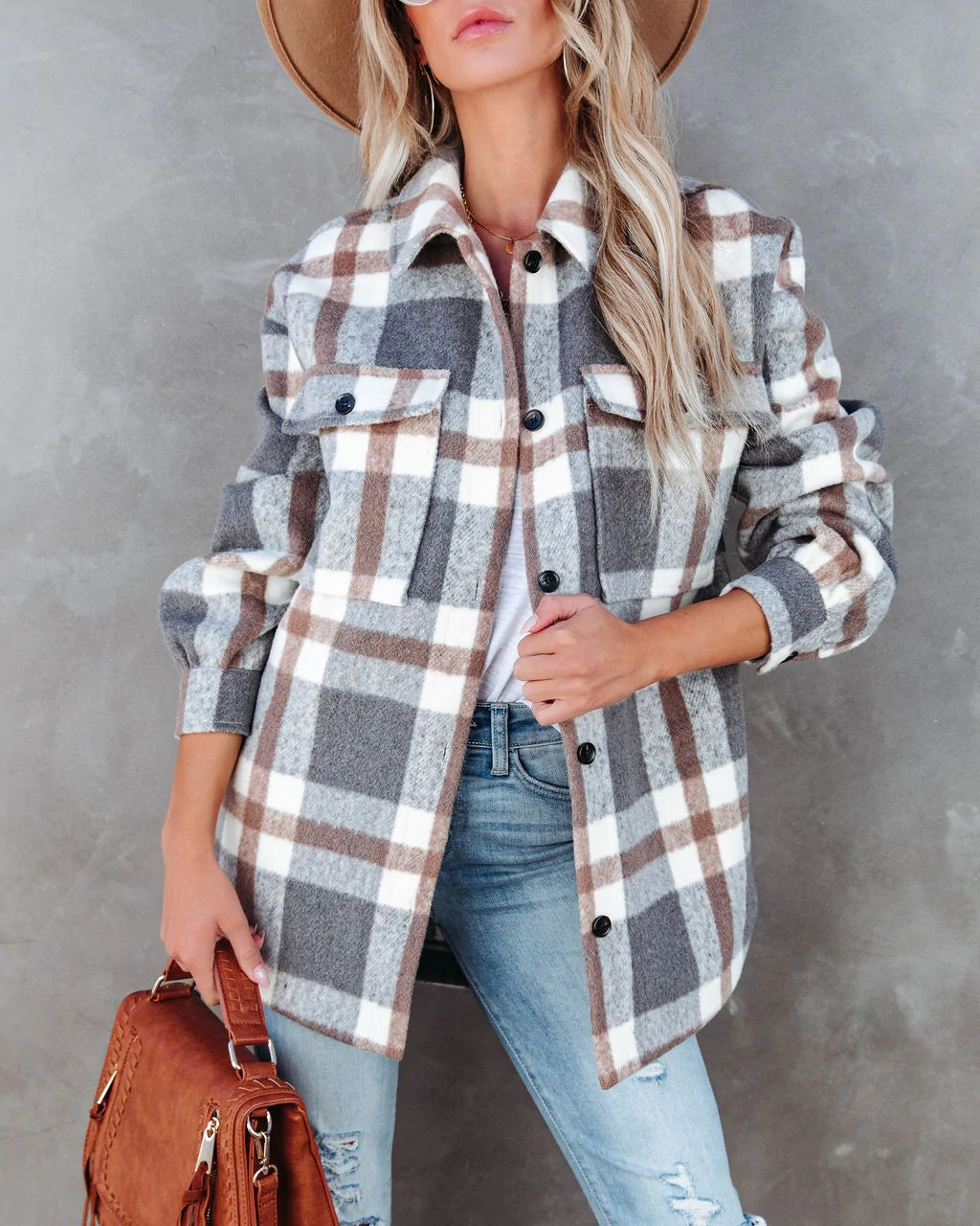 Casual Autumn Winter Plaid Brushed Collared Jacket