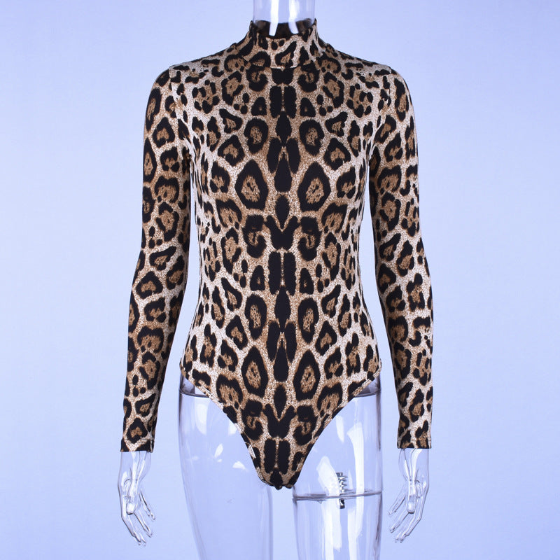 French Summer Sexy Slimming High Collar Skinny Print Long Sleeve Jumpsuit Women Stall Leopard