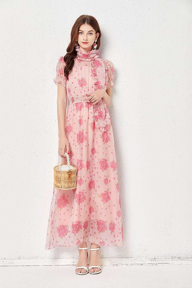 Women Fairy Dress Simulation Silk Light And Elegant Large Swing Elastic Waist Long Dress Pink Print And Silk Scarf