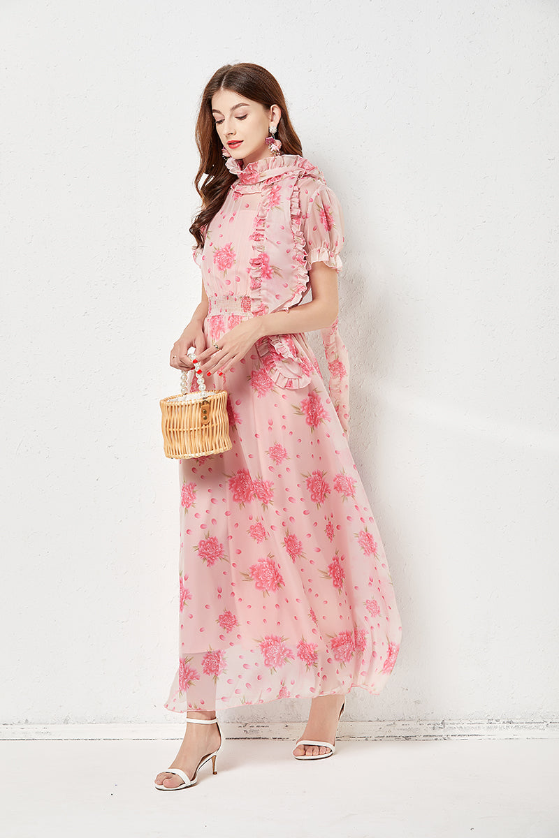 Women Fairy Dress Simulation Silk Light And Elegant Large Swing Elastic Waist Long Dress Pink Print And Silk Scarf