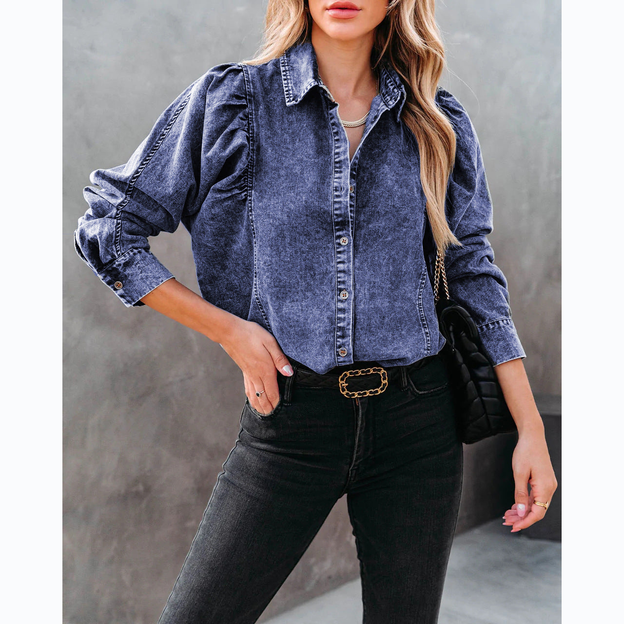 Autumn Winter Collared Casual Street Denim Shirt Women Blue