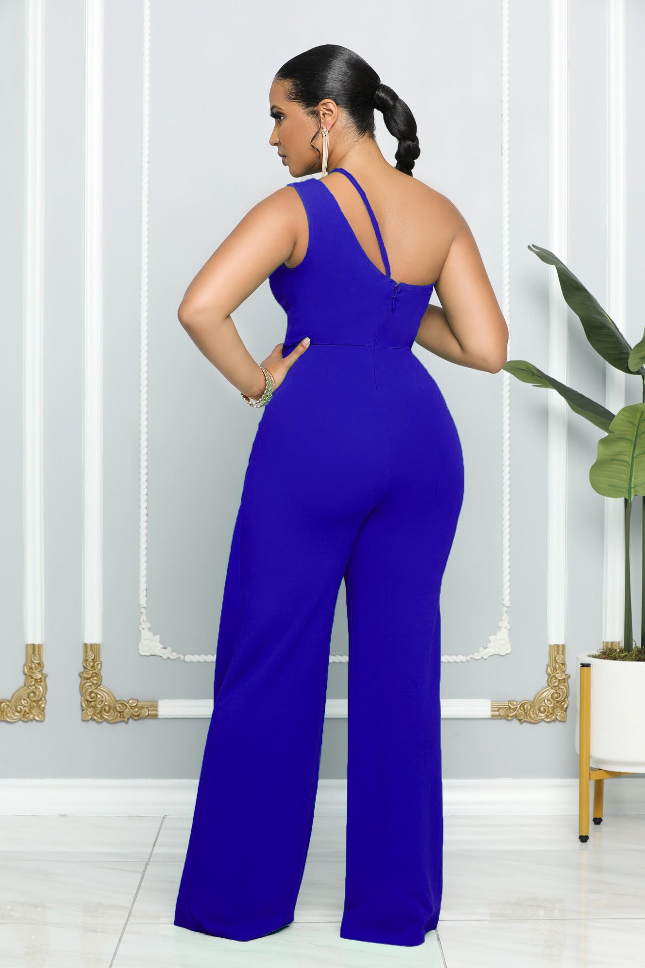 Sexy Sleeveless Single Shoulder Suspender High Waist Office Straight Jumpsuit