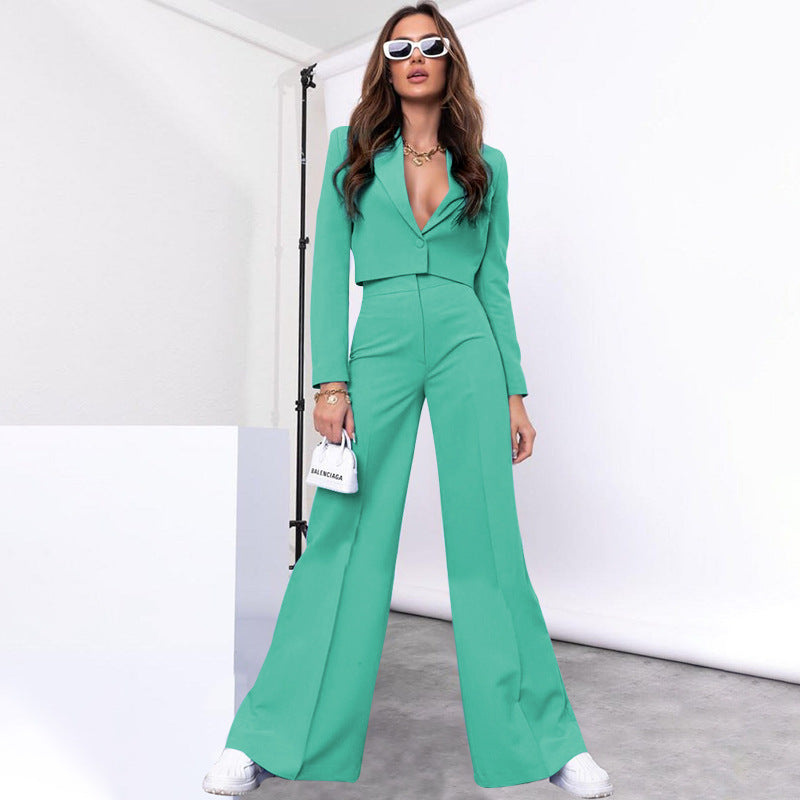 Autumn Winter Solid Color Short Long Sleeve Small Suit High Waist Wide Leg Pants Suit