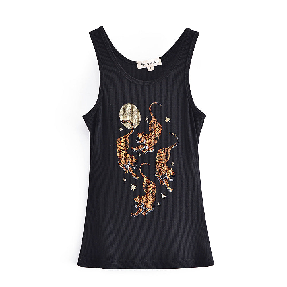 Summer Shaped round Neck Slim Fit Three Tiger Printed High Elastic Thread Vest Top