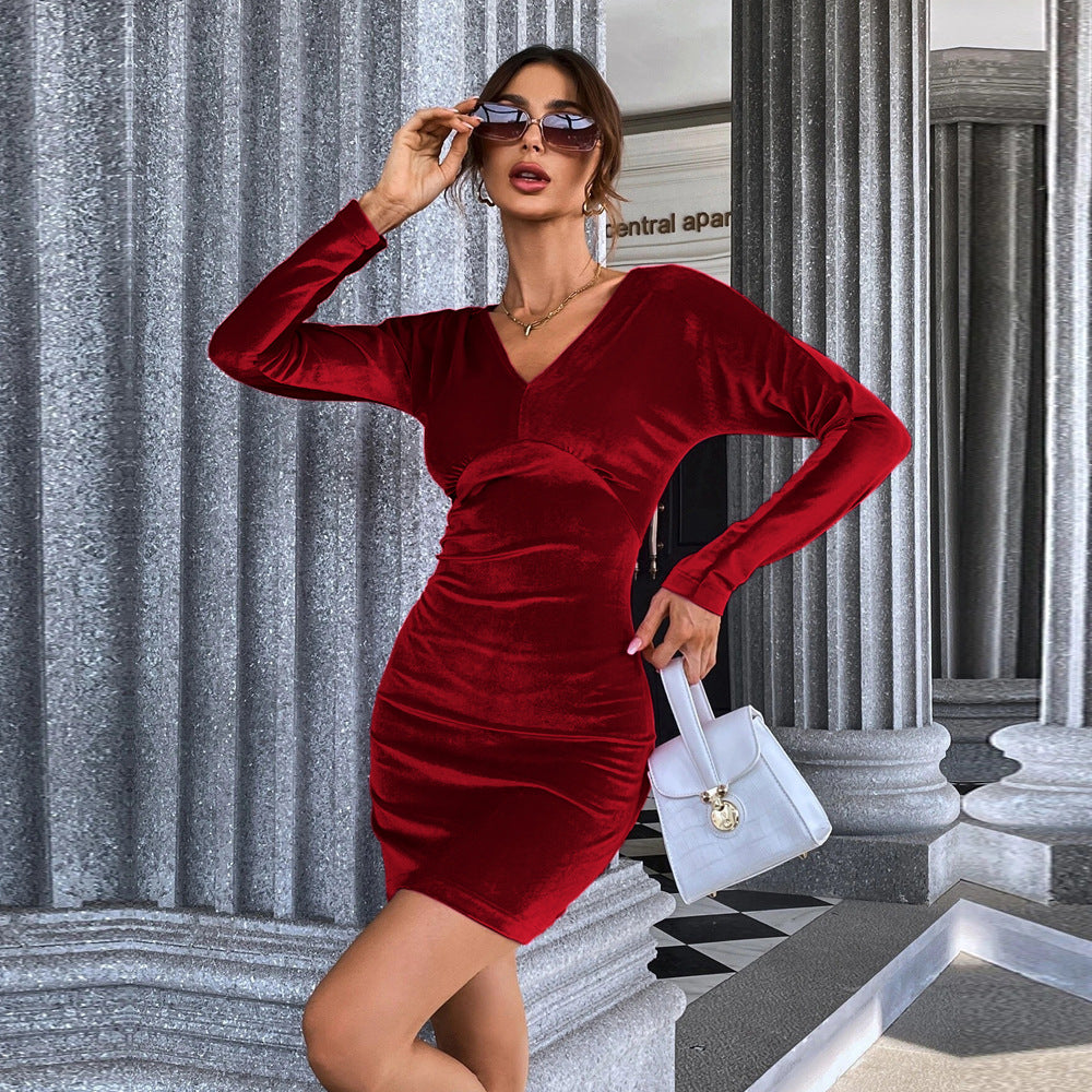 Autumn Winter Women Clothing Sexy Backless Hip Waist Controlled Slimming Long Sleeve Velvet Dress Burgundy