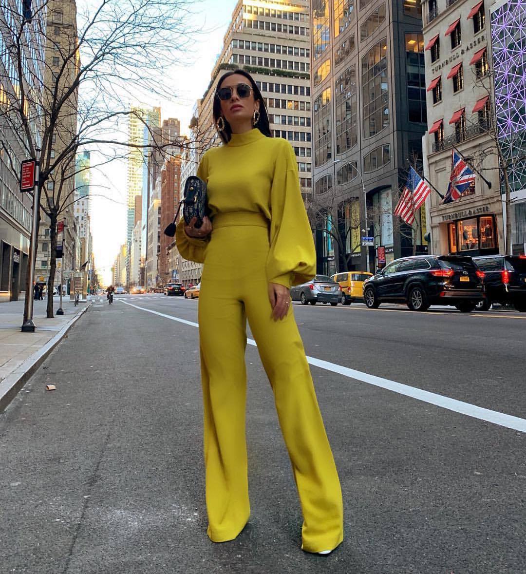 Half Turtleneck Lantern Sleeve Simple Capable Office Lady Jumpsuit Yellow