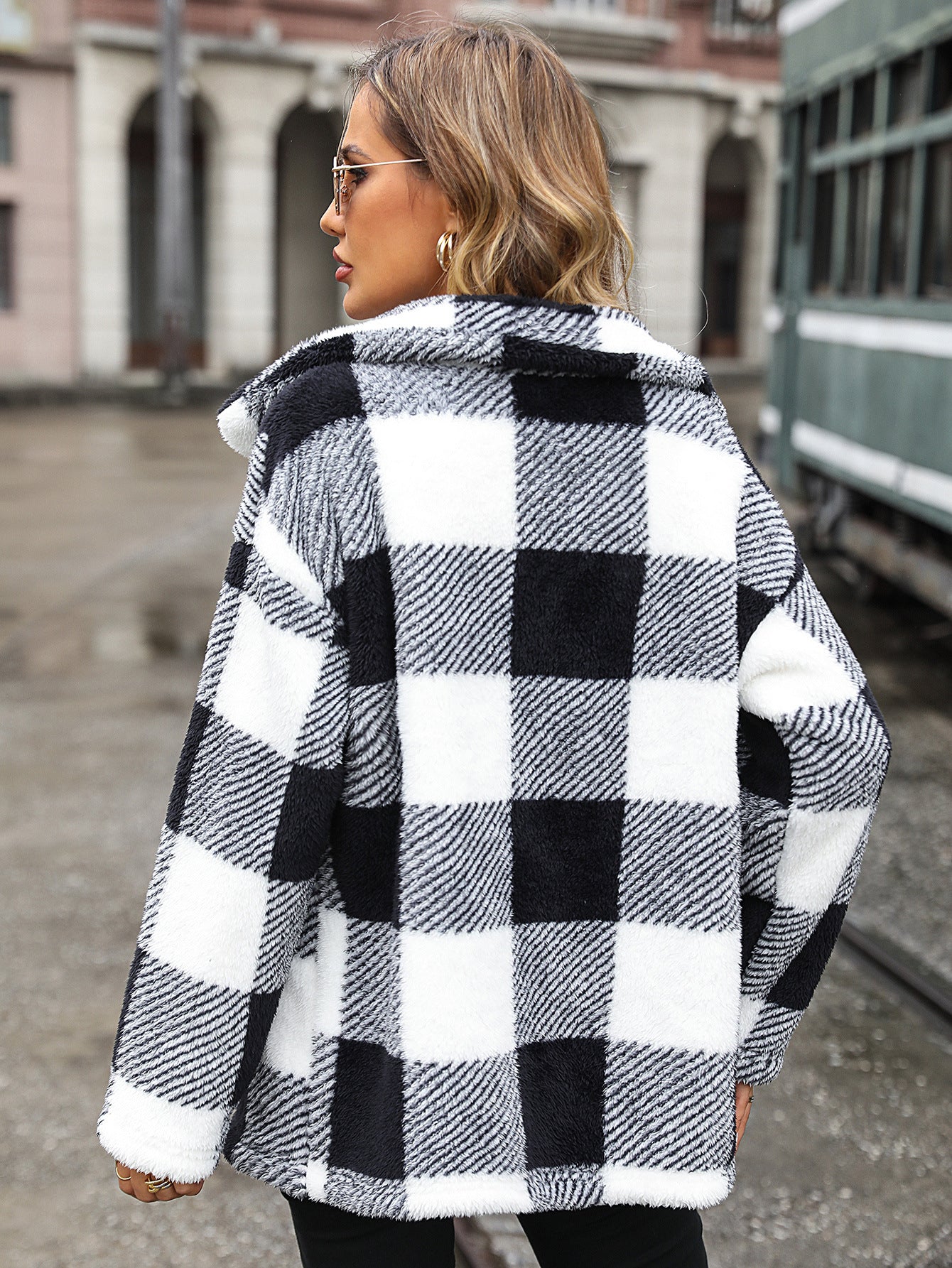 Autumn Winter Women Collared Long Sleeve Mid Length Plaid Single Breasted Plush Casual Jacket