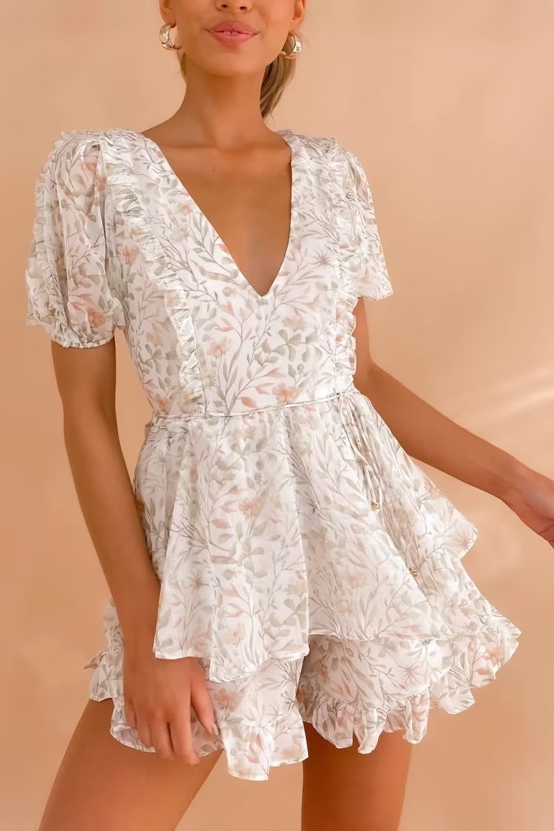 Spring V neck Slingback Printed Ruffled Short Sleeves Jumpsuit Shorts Women