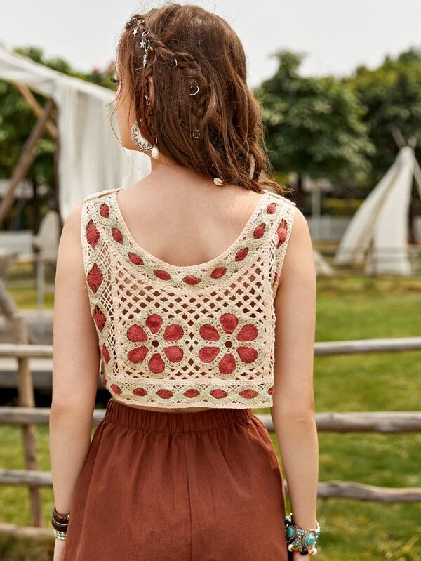 Women Summer Vacation Sleeveless Floral Crochet Crop Top