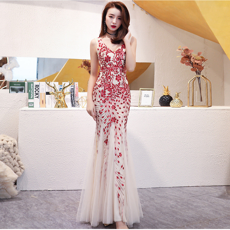 Evening Dress Women Cocktail Elegant Annual Meeting Long Fishtail Sequ Sexy Dress Apricot Red