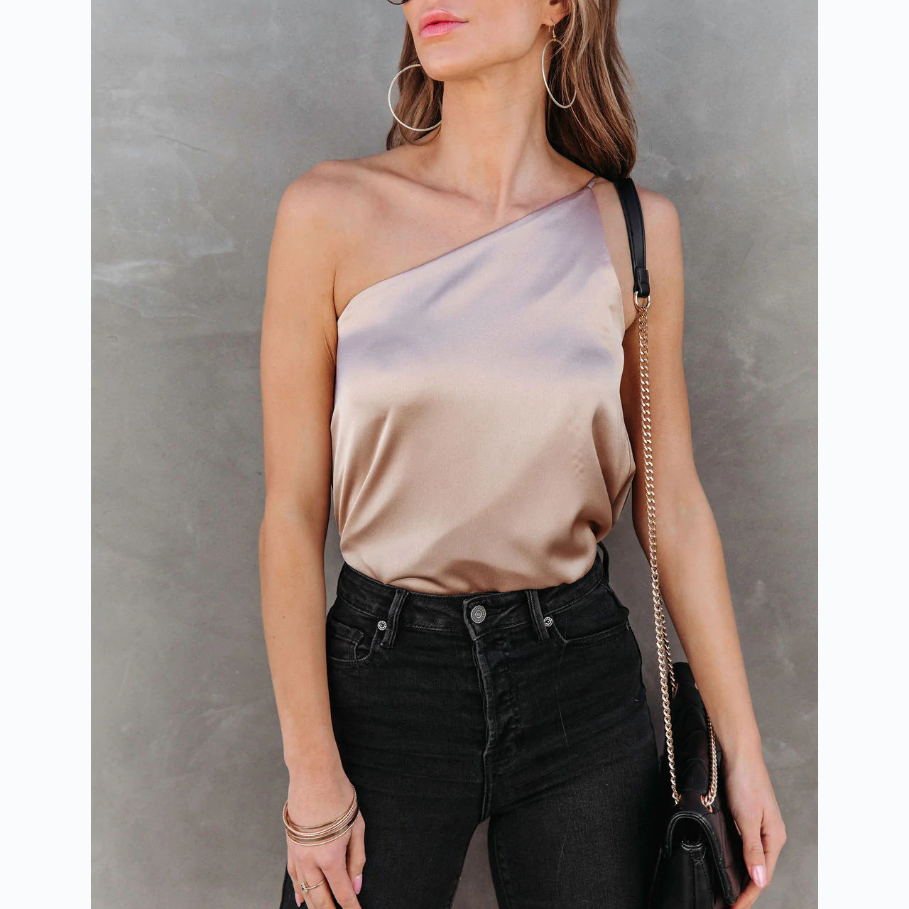 Sexy Trendy Solid Color One Shoulder Cold Shoulder Sling Top Gold