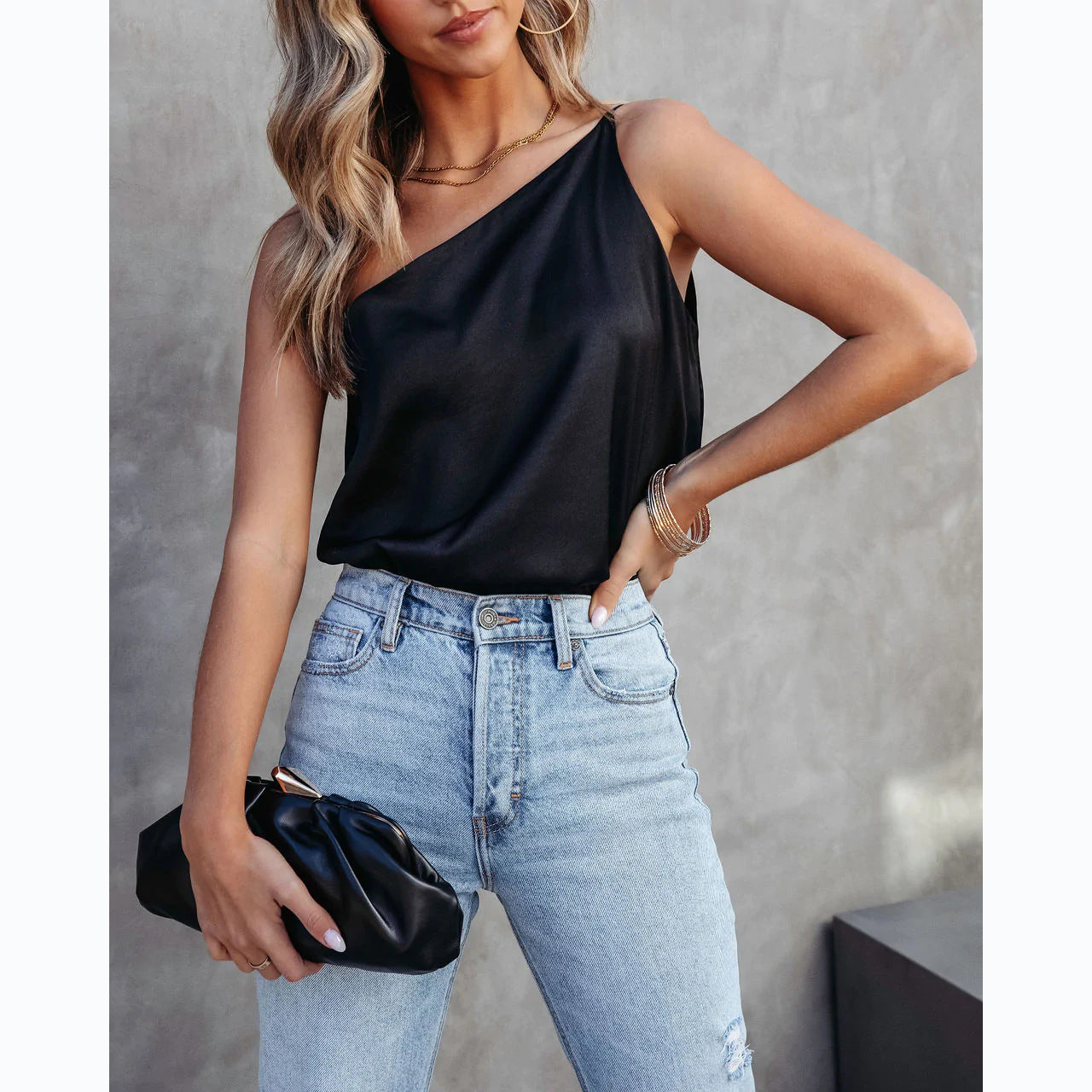 Sexy Trendy Solid Color One Shoulder Cold Shoulder Sling Top Black