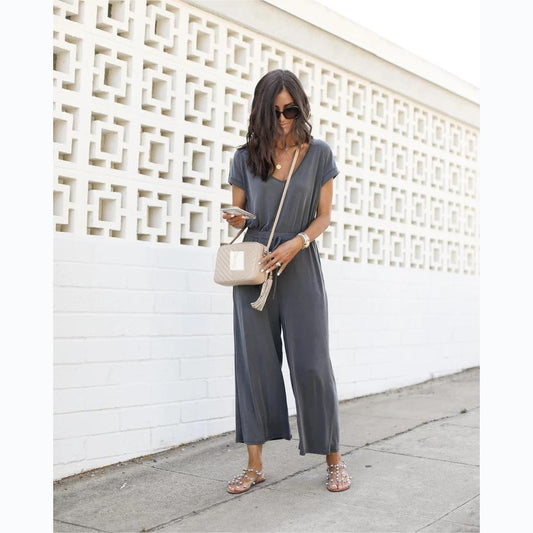 Casual Spring Summer Elastic Waist V neck Wide Leg Jumpsuit for Women