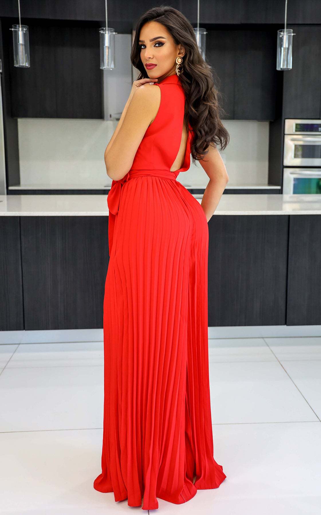 Spring Summer V neck Sleeveless Backless Elegant Street Pleated Wide Leg Jumpsuit