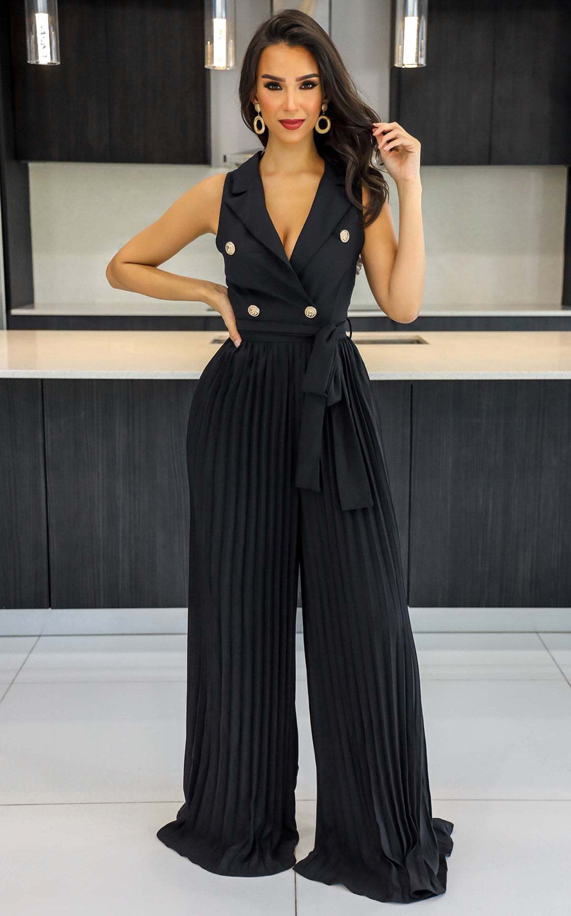 Spring Summer V neck Sleeveless Backless Elegant Street Pleated Wide Leg Jumpsuit