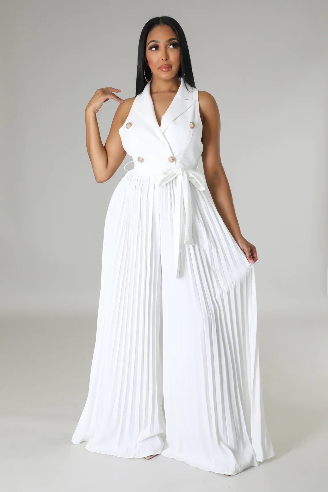 Spring Summer V neck Sleeveless Backless Elegant Street Pleated Wide Leg Jumpsuit