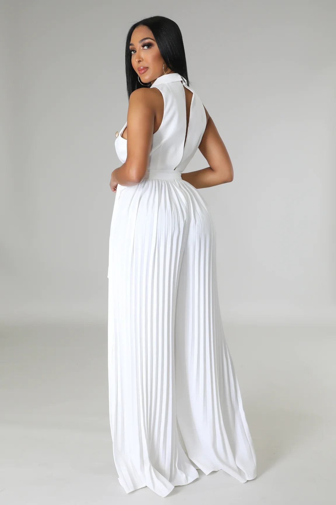 Spring Summer V neck Sleeveless Backless Elegant Street Pleated Wide Leg Jumpsuit