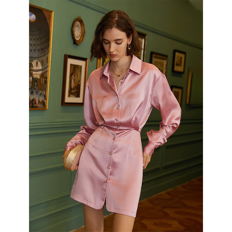 Silk Acetate French Slim Dress Casual Fitted Waist Shirt Dress Primrose Powder