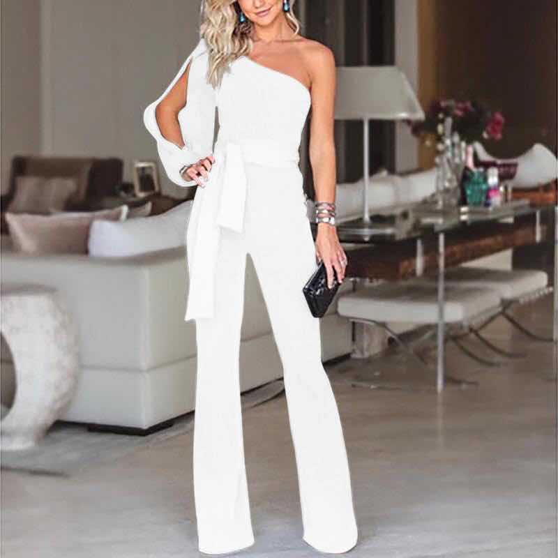 Women One Shoulder Asymmetric Women Jumpsuit White