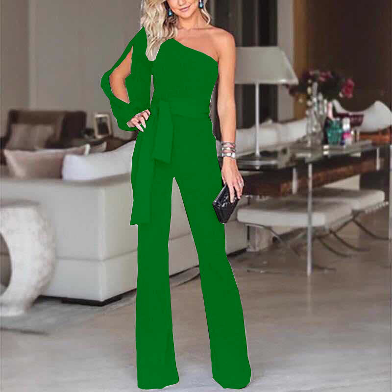 Women One Shoulder Asymmetric Women Jumpsuit Mint