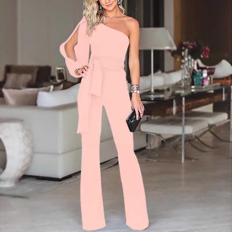 Women One Shoulder Asymmetric Women Jumpsuit Pink