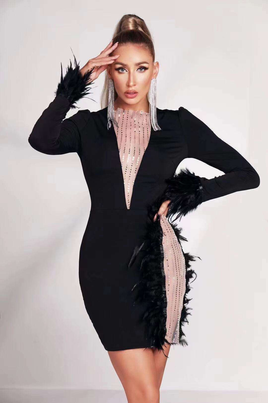 Winter Long Sleeve Mesh Sequ Feather Sexy Bandage One Piece Dress Black