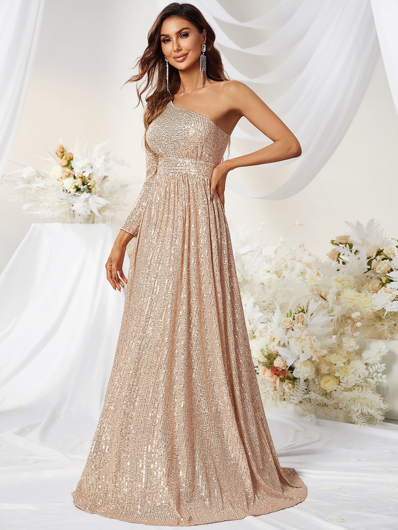 Sequined One Sleeve Side Waist Hollow Out Cutout Out Prom Evening Dress Fishtail Elegant Dress Gold