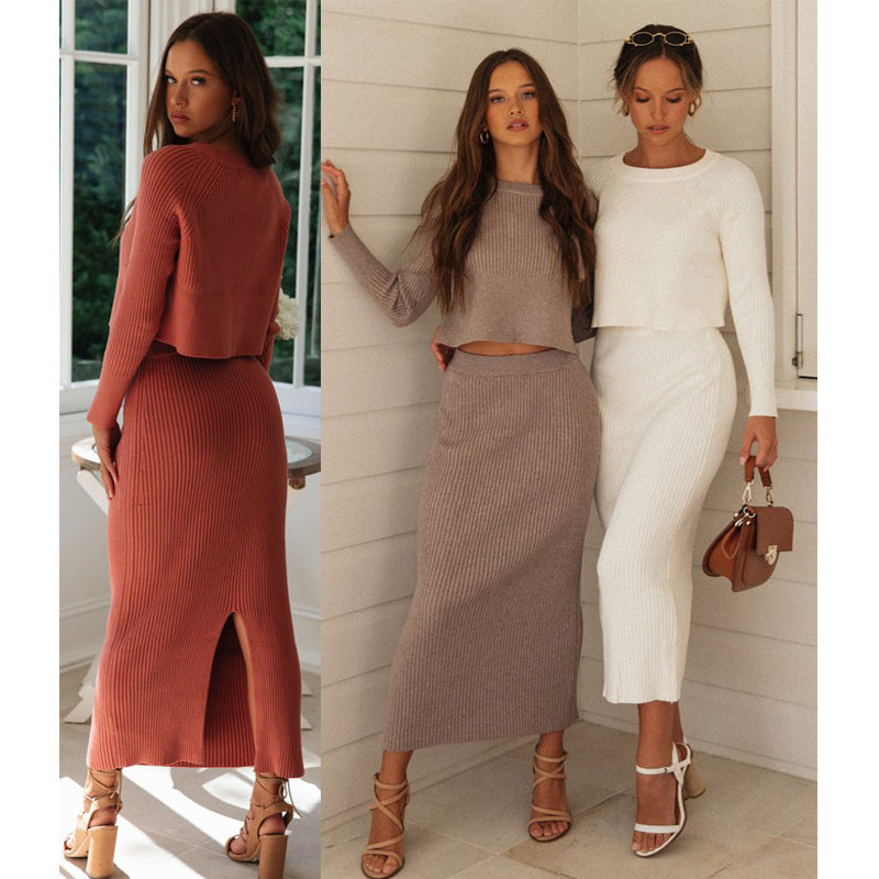 Women 3 Color Sweater Dress Knitted Slit Maxi Dress