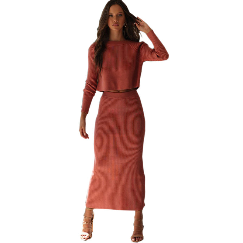 Women 3 Color Sweater Dress Knitted Slit Maxi Dress Red