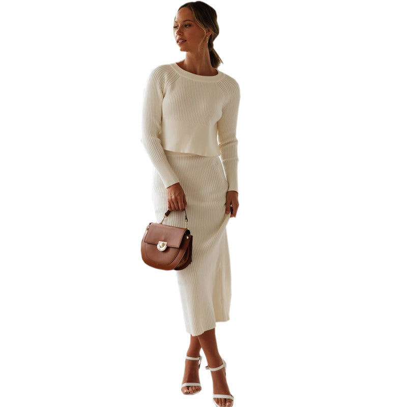 Women 3 Color Sweater Dress Knitted Slit Maxi Dress White