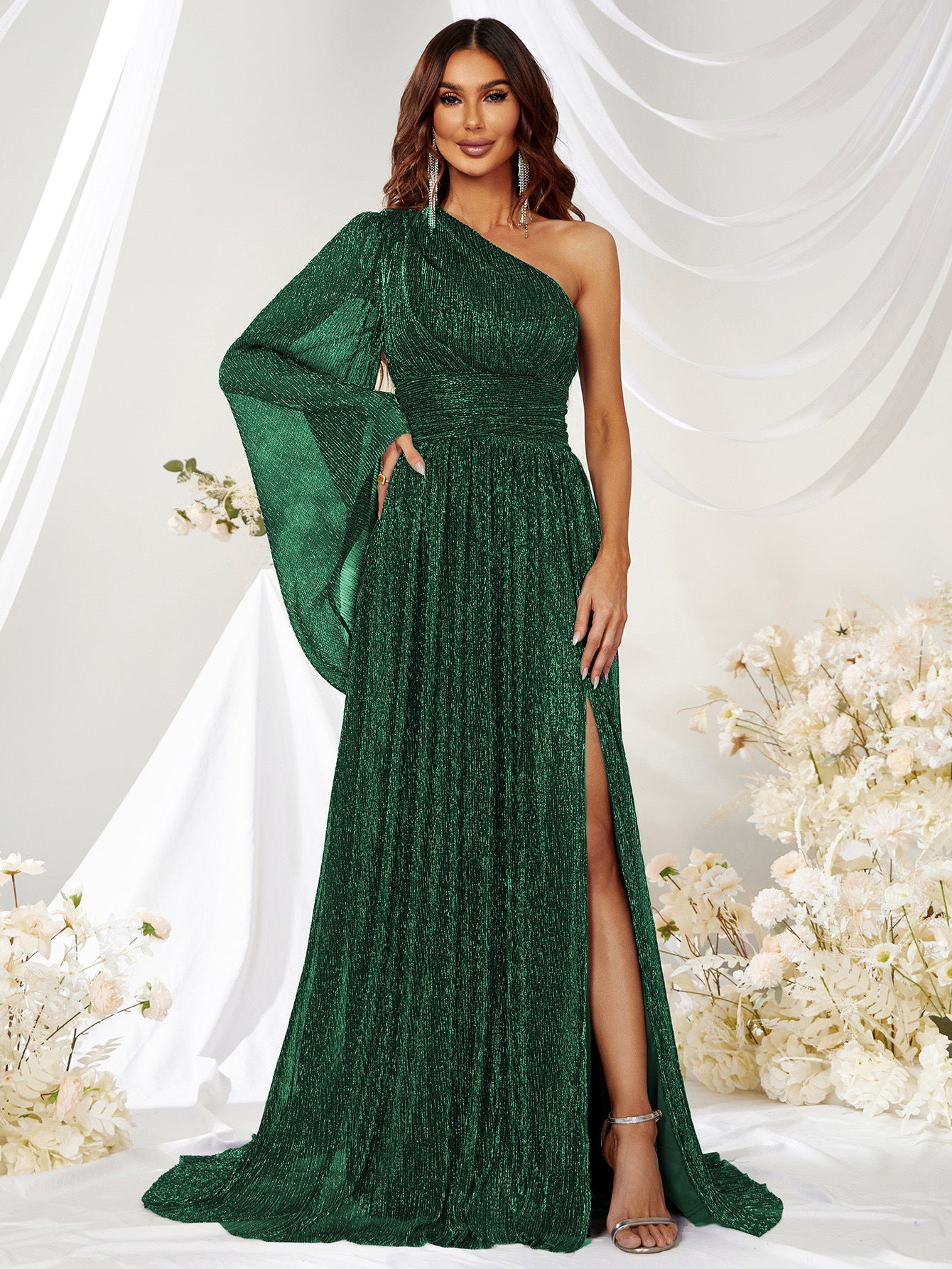 One Shoulder Evening Dress Cocktail Slant Shoulder Elegant Dress Dinner Dress Senior blackish green