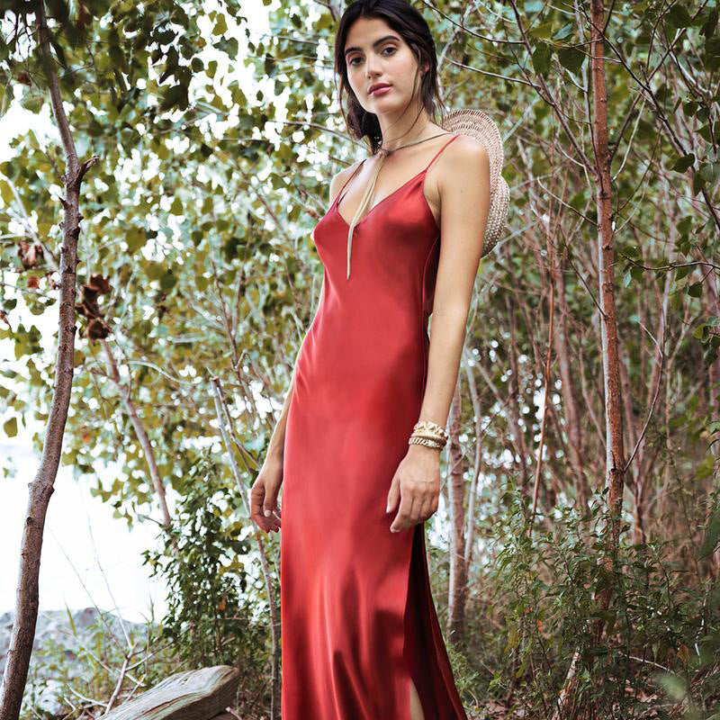 Sexy Dress Red Silk Satin Silky Fabric Dress Split Backless Strap Dress for Women