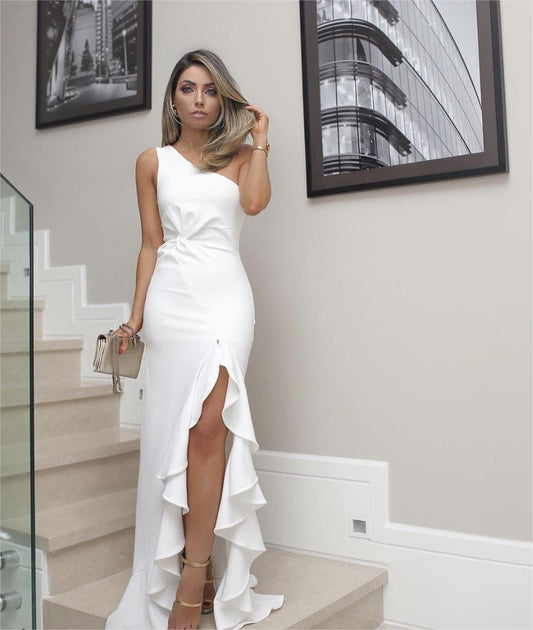 One Shoulder Ruffled Slit Dress