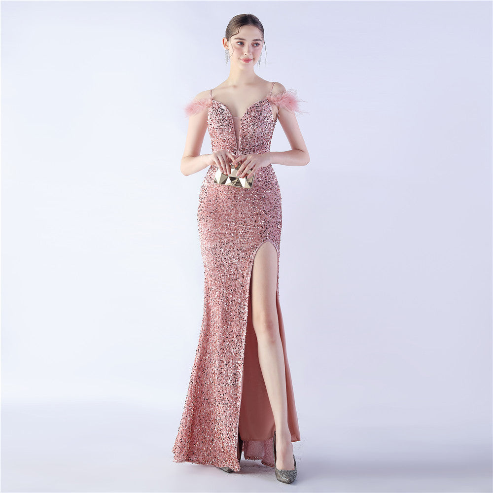 Craft Order Ostrich Feather High Density Sequined Long Evening Dress Pink