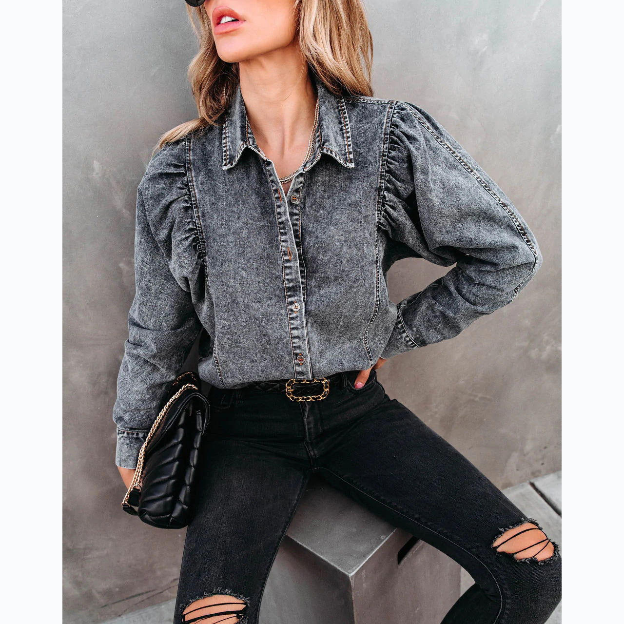 Autumn Winter Collared Casual Street Denim Shirt Women Dark Grey