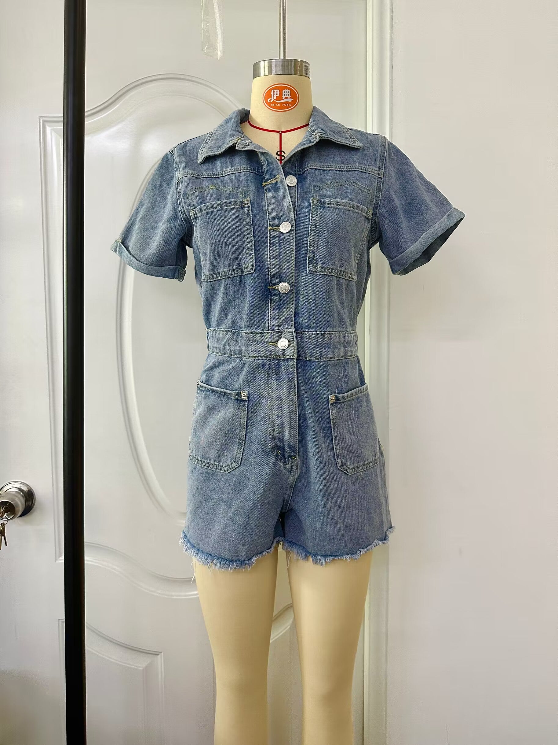 Elastic Elastic Waist Burrs Thin Denim Jumpsuit Romper Light Blue