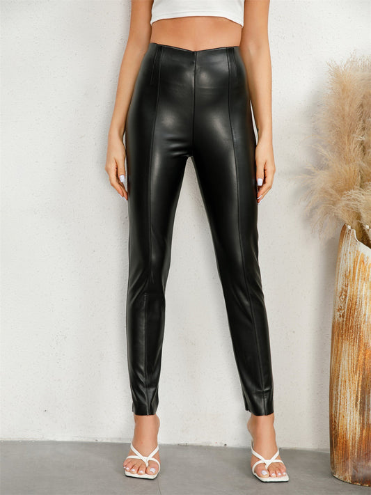 Punk Close Fitting Fleece Faux Leather Pants Women Spring Autumn Pants