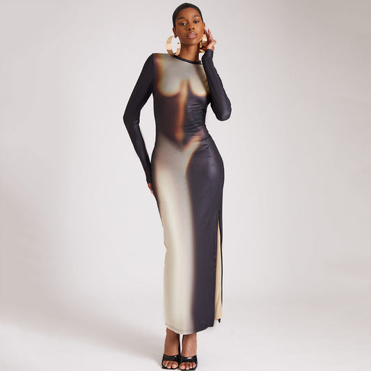 Women Clothing Autumn round Neck Long Sleeved Dress Sexy Tight Split Maxi Dress