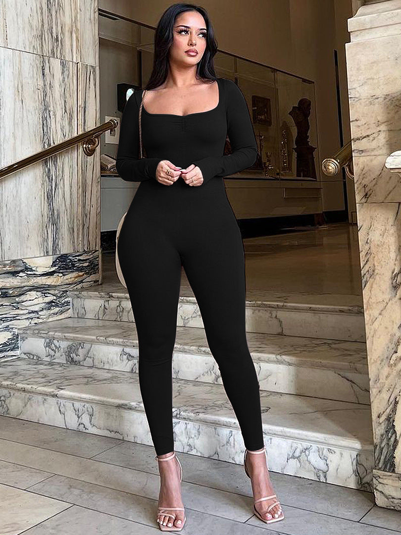 Winter Solid Color Square Collar Pleated Long Sleeve Slim Fit Sports Yoga Jumpsuit Women M Black