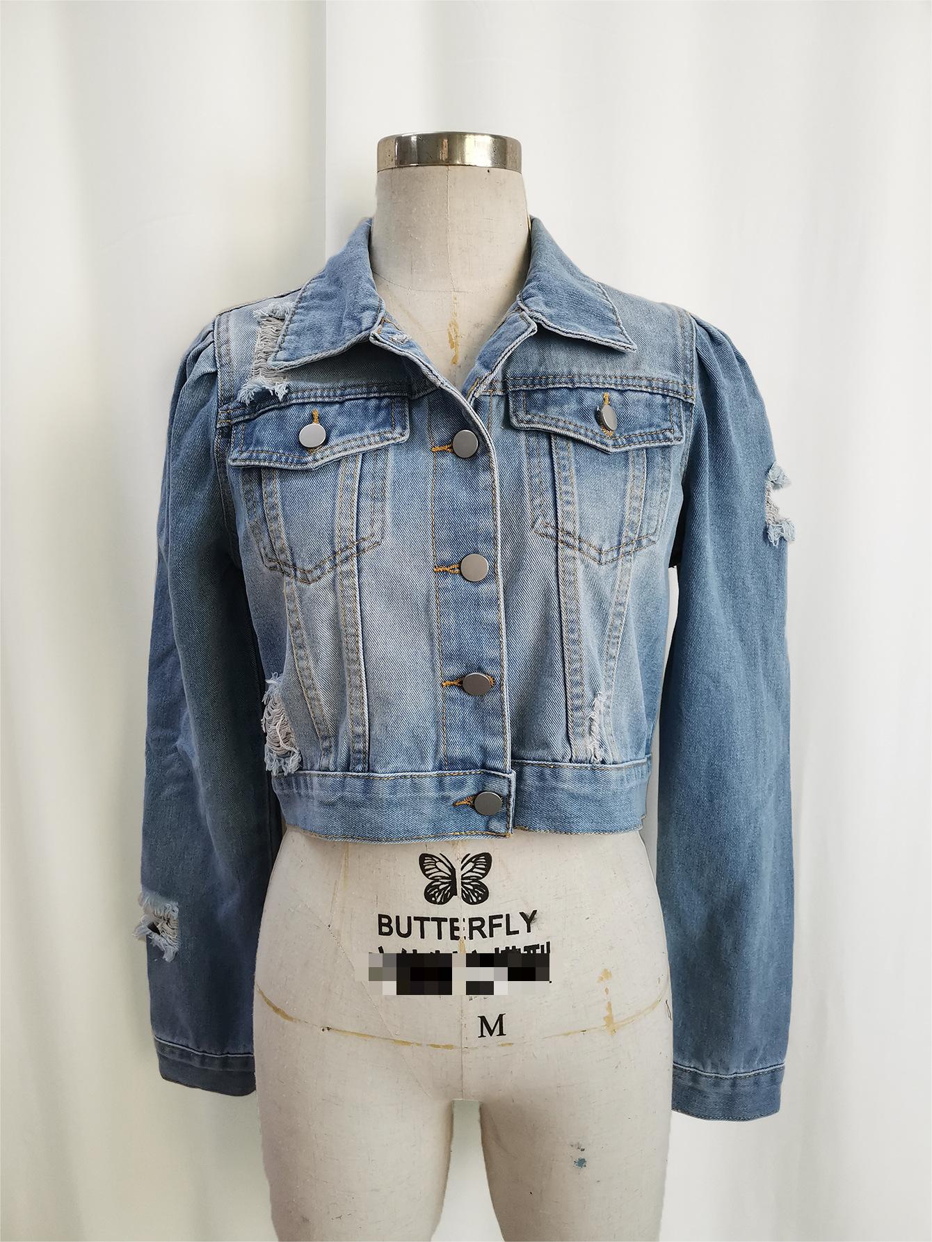 Denim Coat Women Puff Sleeve Short Ripped Denim Jacket Denim Jacket Blue