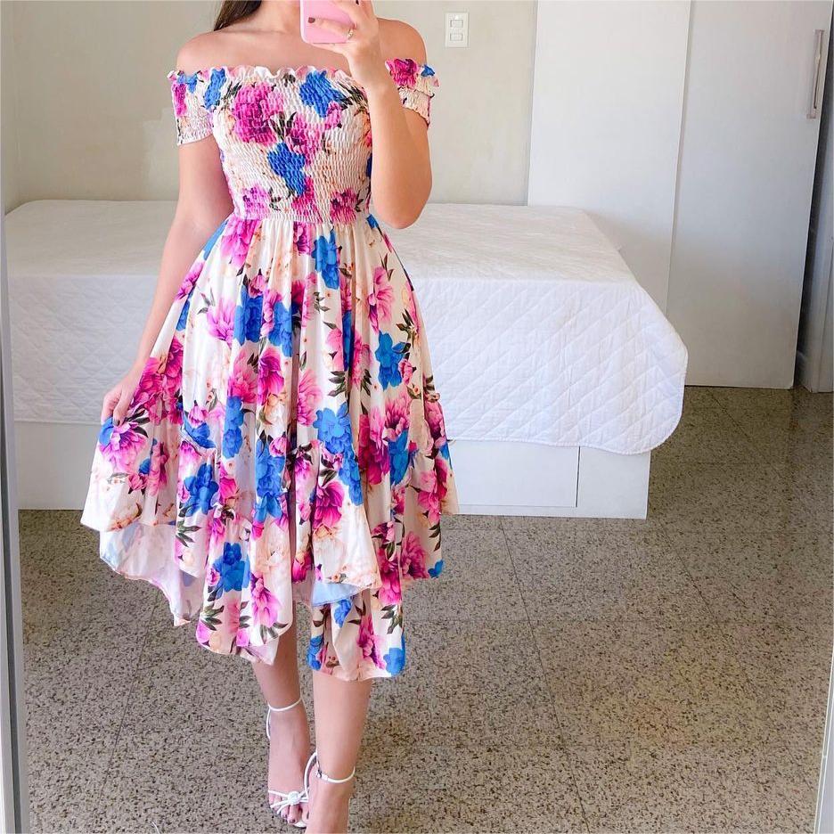 Off Shoulder Collar Asymmetric Short Sleeve Printing Dress