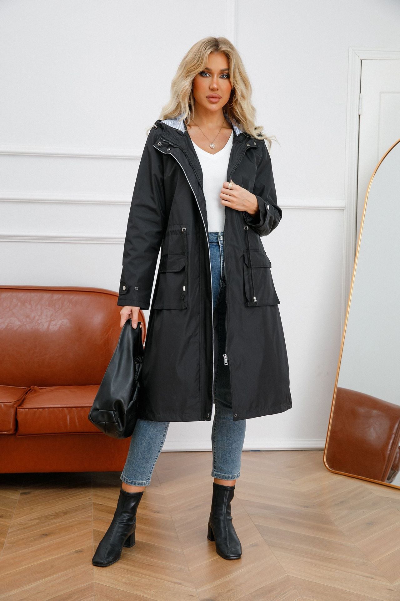 Spring Autumn Long Casual Trench Coat Women Waterproof Hooded Solid Color Top Striped Lining Straight Coat