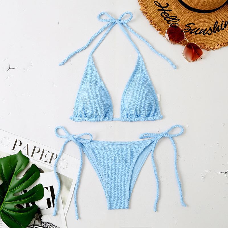 Swimsuit Sexy Snake Doll Solid Color Bikini Lace Up Split Swimsuit Women Skyblue